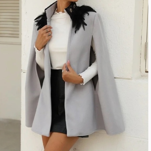 Classic grayOpen Front Feather Trim Cape Jacket